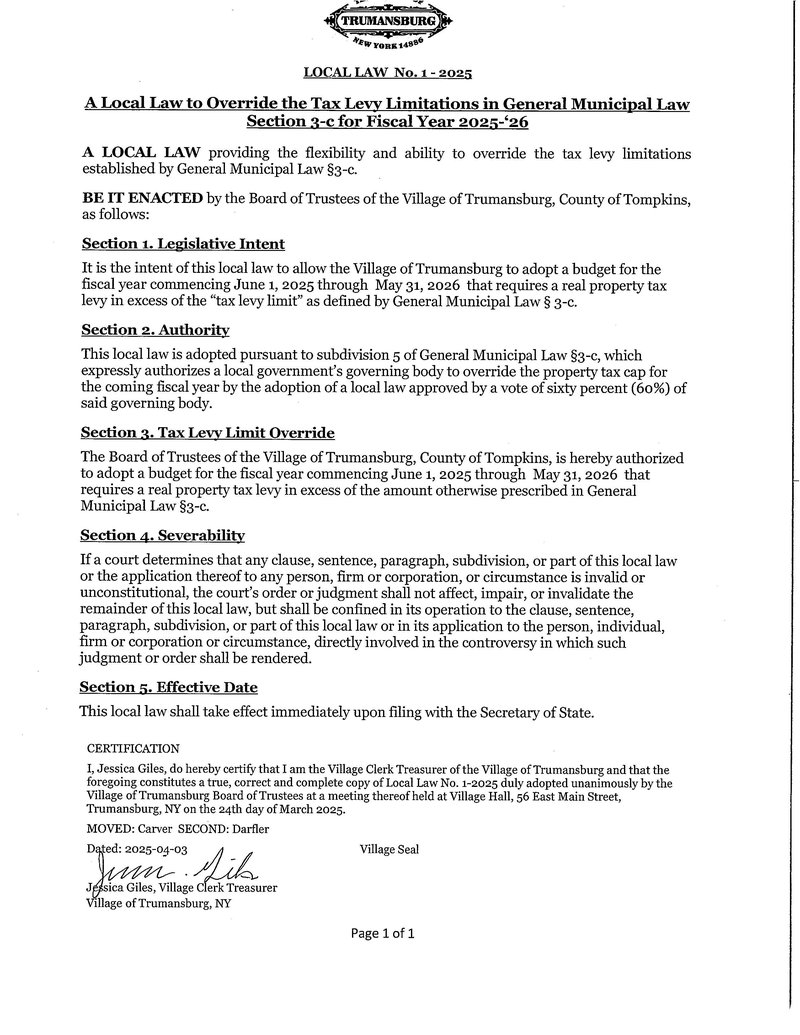 Local Law No.1-2025 - Tax Cap Override - CERTIFIED