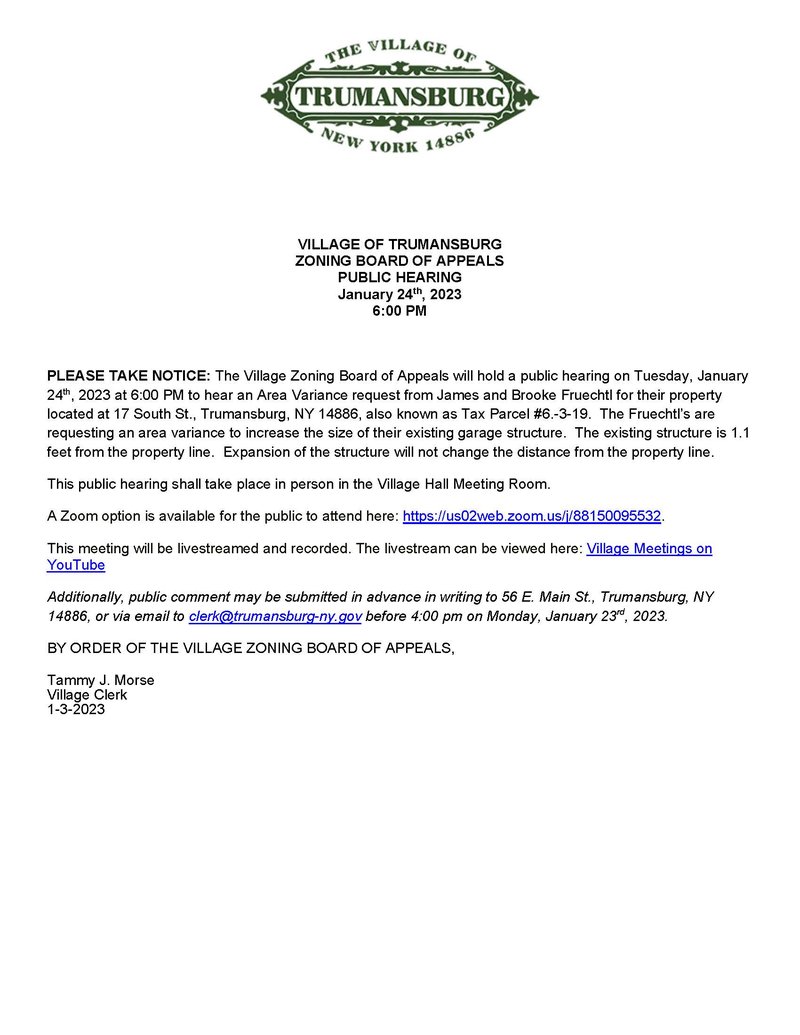 1-24-2023-Board of Zoning Appeals: Area Variance Public Hearing